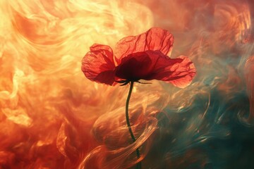 Poster - A single red poppy flower blossoms amidst a vibrant, swirling orange and teal smoke backdrop.