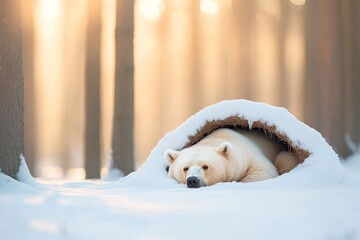 Poster - tranquil forest scene featuring sleeping bear curled up inside cozy den covered with snow with soft 