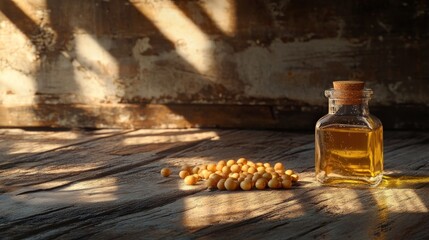 Wall Mural - Soybeans and oil, rustic wooden table, sunlight