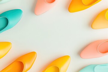 Poster - vibrant photo of ballet flats displayed in symmetrical pattern on plain white background with ample copy space
