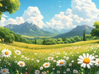 Wall Mural - A picturesque landscape featuring a foreground of white daisies in a vast green meadow, with a backdrop of majestic snow-capped mountains under a bright blue sky.