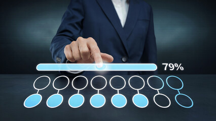 Poster - Progress, Potential, and Power: A Businessman's Journey to Success, Visualized by a Futuristic, Circular Progress Bar, Representing Achievement and   