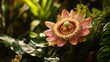 © AlfaSmart - Exotic pink passionflower amidst lush greenery in tropical garden