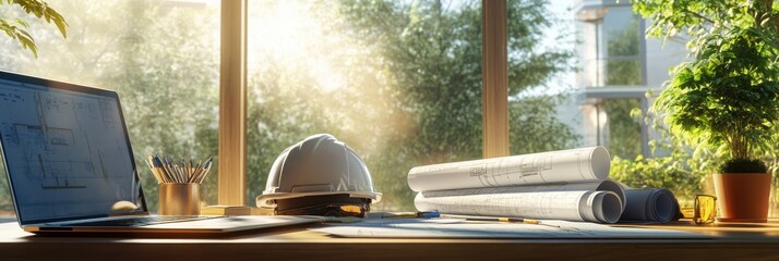 Fototapete - A sunny workspace features a laptop, blueprints, a hard hat, and plants, creating a productive and inviting environment for construction or design tasks.
