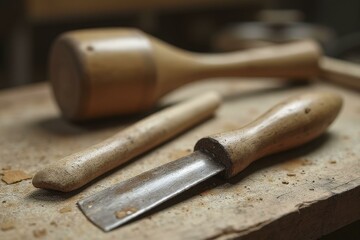 Wall Mural - Close up of three wooden handled chisels on rustic wood surface with scattered shavings