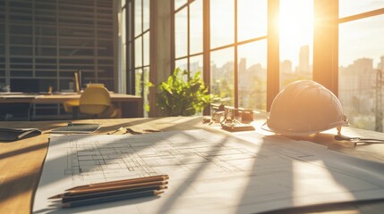 Fototapete - A bright workspace featuring blueprints, pencils, and a hard hat, illuminated by sunlight streaming through large windows.