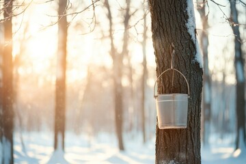 Poster - classic maple tree with sap bucket hanging from its trunk in snowy forest sunlight filtering through branches creating