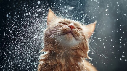 Aufkleber - An amusing shot of a cat shaking off water after a bath, droplets flying in all directions, capturing the playful and energetic nature of felines post-bath.