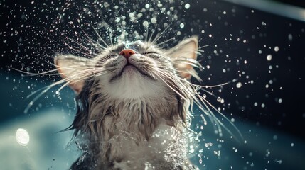 Aufkleber - An amusing shot of a cat shaking off water after a bath, droplets flying in all directions, capturing the playful and energetic nature of felines post-bath.