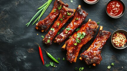 Poster - An inviting table setting featuring fried pork ribs with a garnish of green onions and chili, surrounded by traditional Thai condiments, creating a warm dining atmosphere.