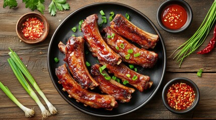 Poster - An inviting table setting featuring fried pork ribs with a garnish of green onions and chili, surrounded by traditional Thai condiments, creating a warm dining atmosphere.