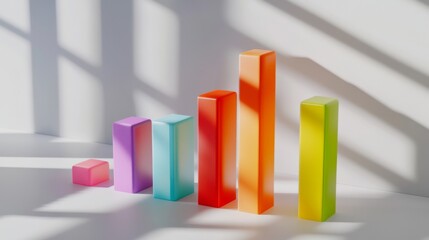 Fototapete - A D bar chart with vibrant bars in varying heights, placed on a white background with clean shadows and labels, perfect for visualizing business or financial data.