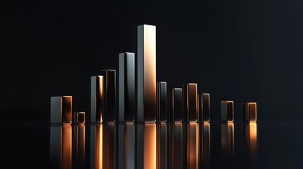 Wall Mural - A D financial bar graph with metallic bars, representing revenue comparison between different companies, placed on a reflective surface with a sleek black background.