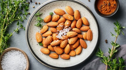 Leinwandbilder - A beautifully arranged plate of roasted almonds with a sprinkle of sea salt, surrounded by fresh herbs and spices, perfect for a healthy snack display.