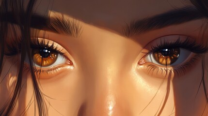 Poster - A beautiful pair of almond-shaped brown eyes, with long natural lashes, giving a calm and gentle expression, framed by flawless skin and soft light.