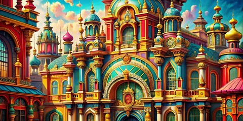 Poster - Flat Manga Baroque Art Style Background: Rich Colors & Architectural Details