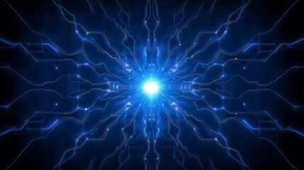 Poster - abstract image featuring a bright central light source surrounded by radiating, stylized blue lines 