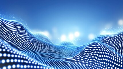 Poster - abstract digital landscape, light blue background, glowing white dots, wavy shapes, bright spotlight