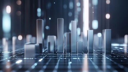 Aufkleber - A corporate-style D bar chart with silver and blue bars, set on a reflective surface with floating data labels and a digital grid background.