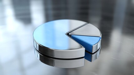 Fototapete - A corporate D pie chart with glossy silver and blue segments, with one slice slightly pulled out to highlight its significance, displayed on a reflective surface.