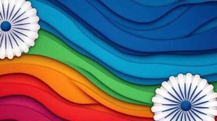 Wall Mural - Abstract rainbow layered wavy background design with paper cut flower embellishments, vibrant colors, and a three dimensional effect. The rainbow