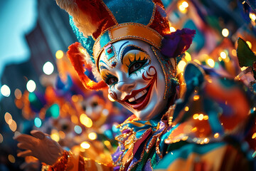 Wall Mural - Festive carnival jester in colorful costume with bright lights, Mardi Gras