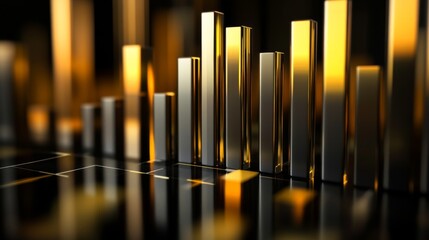 Poster - A corporate bar graph with silver and gold bars, representing financial performance, set against a dark background with subtle reflections and floating labels.