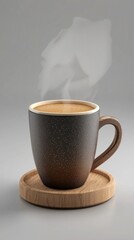 Poster - A freshly brewed cup of coffee emits delicate steam, inviting warmth and comfort. It rests on a rustic wooden coaster, creating a serene moment of tranquility