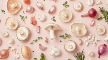 Leinwandbilder - A creative flat lay of various mushroom types alongside cooking ingredients like garlic, onions, and herbs, highlighting their versatility in gourmet dishes.