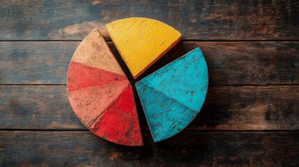 Leinwandbilder - A creative pie chart with textured segments showing sales data, each slice representing a different product line, set against a rustic wooden table background.