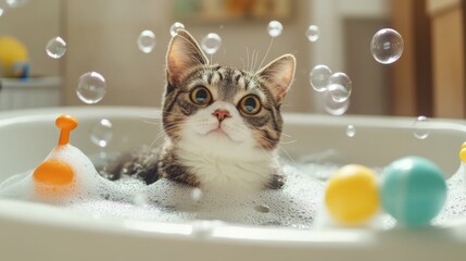 Poster - A delightful image of a cat playing with bubbles in a bathtub, surrounded by floating toys, showcasing the fun and playful side of bath time for furry companions.