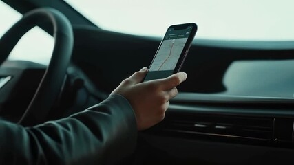 Poster - Woman navigating using smartphone while sitting inside modern vehicle dashboard, moving in slow motion, utilizing digital gps technology for travel guidance