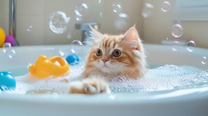Poster - A delightful image of a cat playing with bubbles in a bathtub, surrounded by floating toys, showcasing the fun and playful side of bath time for furry companions.