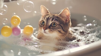 Poster - A delightful image of a cat playing with bubbles in a bathtub, surrounded by floating toys, showcasing the fun and playful side of bath time for furry companions.