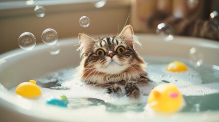 Poster - A delightful image of a cat playing with bubbles in a bathtub, surrounded by floating toys, showcasing the fun and playful side of bath time for furry companions.