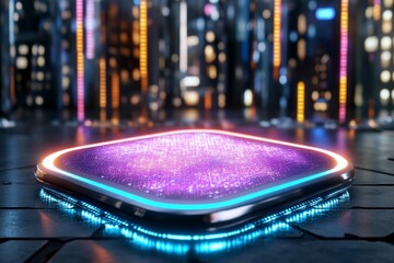 Poster - A neon-lit cyberpunk business card with glowing holographic elements, displayed in a futuristic setting