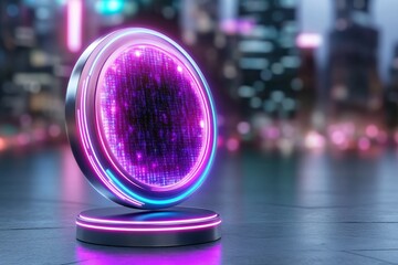 Poster - A neon-lit cyberpunk business card with glowing holographic elements, displayed in a futuristic setting