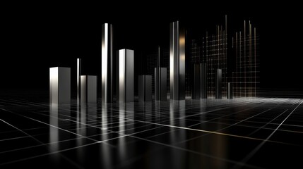 Poster - A dynamic D bar graph on a black background, with sleek metal bars, a glowing grid, and a futuristic feel, perfect for illustrating progress or trends.
