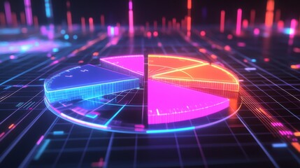 Poster - A dynamic D pie chart with glowing neon-colored slices, separated to emphasize individual data points, set against a digital grid background.