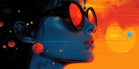 Wall Mural - Vibrant Abstract Digital Art of a Woman in Profile with Sunglasses Reflecting Bright Orange and Blue Hues Amidst a Futuristic Cosmic Backdrop