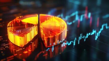 Poster - A dynamic financial pie chart with bright, segmented slices showing business income allocation, overlaid on a blurred stock market graph for a high-tech feel.