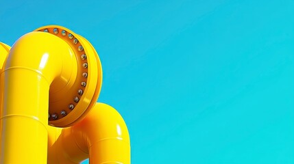 Poster - bright yellow industrial pipes against a light teal sky, showcasing a complex, interconnected system