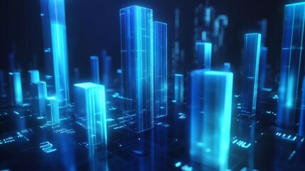 Fototapete - A high-tech D bar graph with glowing blue bars and digital numbers floating around them, symbolizing complex financial data and analysis.
