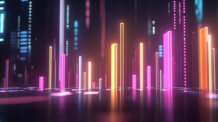 Leinwandbilder - A high-tech bar chart featuring glowing neon bars, representing financial trends, set against a dark backdrop with floating data labels and percentage points.