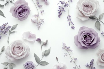 Wall Mural - Lavender, roses, flatlay, white background, floral design