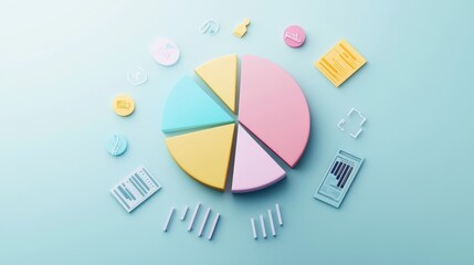 Fototapete - A minimalist financial pie chart with pastel-colored slices, displaying income distribution, with financial icons and subtle shadows on a light background.