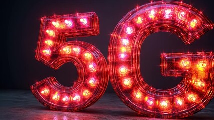 Leinwandbilder - 5G Network Lights: An illuminating representation of the future, a luminous 5G logo made of sparkling, red LED lights on a dark background, symbolizing the rapid advancement of technology.