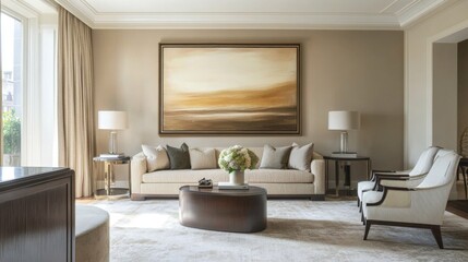Poster - A minimalist living room design featuring a neutral color palette, sleek furniture, and a striking piece of artwork on the wall, creating a serene and stylish space.