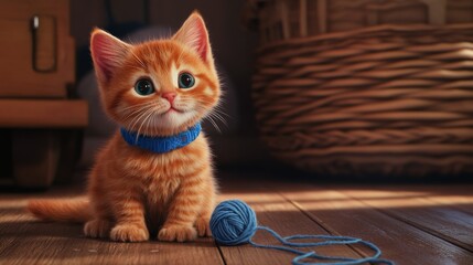 Poster - A playful ginger kitten wearing a bright blue collar, sitting on a wooden floor, with a ball of yarn tangled around its paws, looking mischievous and cute.