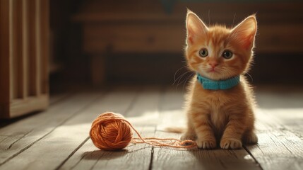 Poster - A playful ginger kitten wearing a bright blue collar, sitting on a wooden floor, with a ball of yarn tangled around its paws, looking mischievous and cute.
